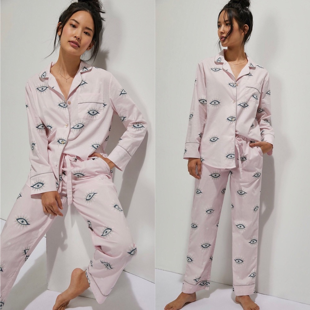 Anthropologie Pink Eye-Print Cotton Pajama Set